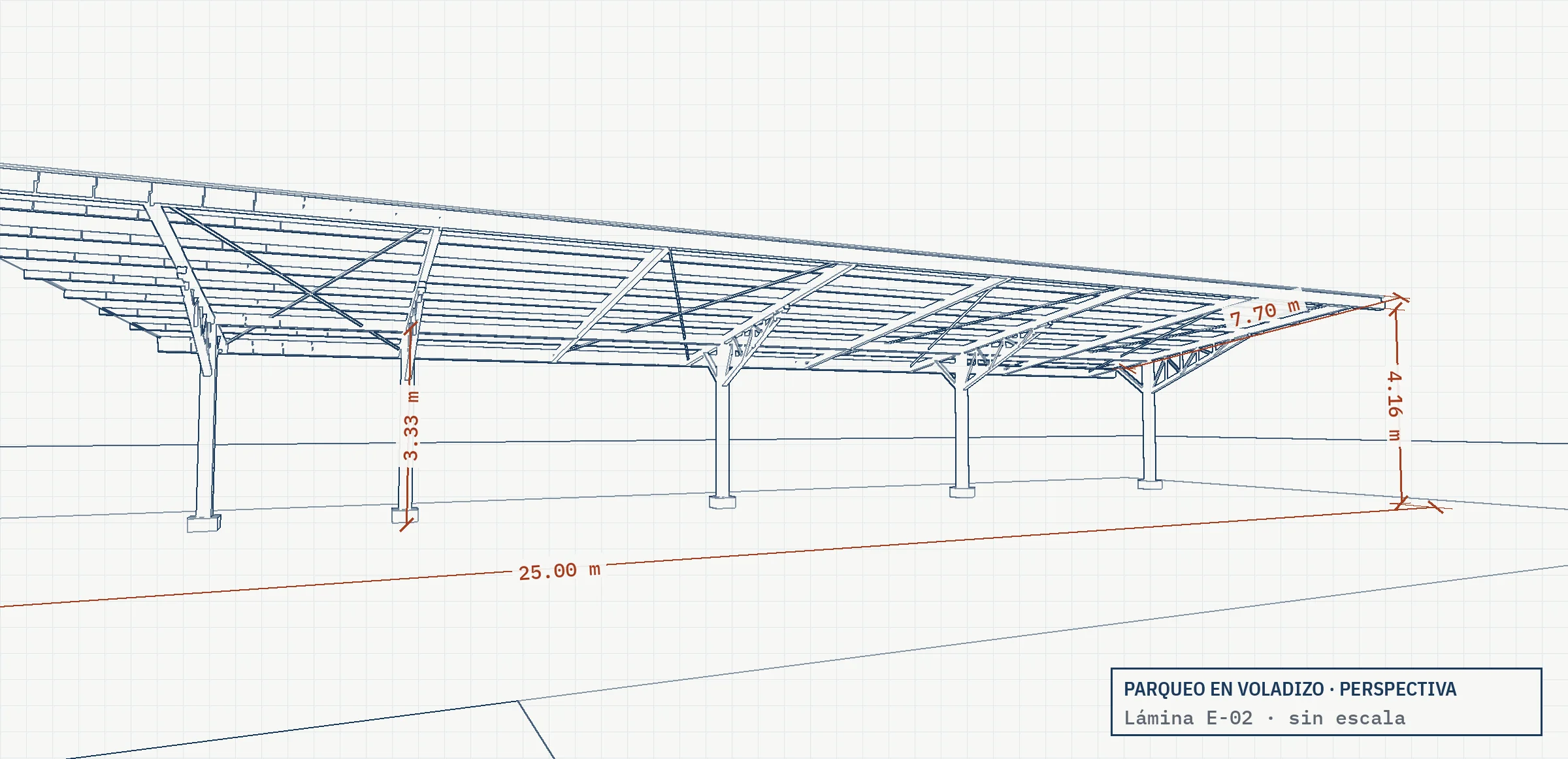 Dibujo técnico en perspectiva del mismo parqueo, con cotas