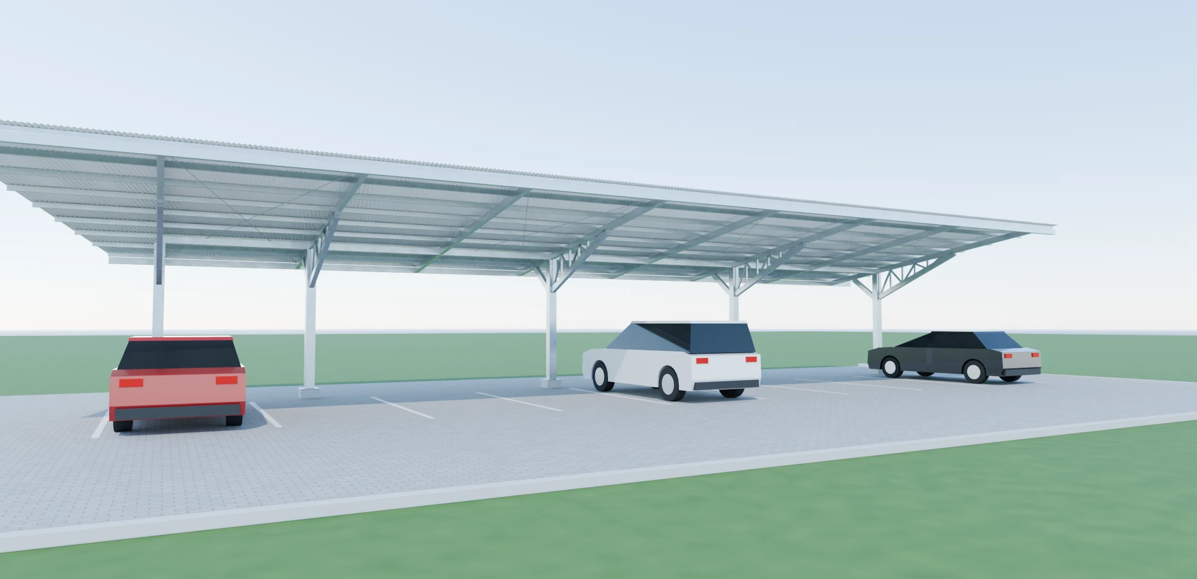 Render 3D fotorrealista de un parqueo metálico en voladizo