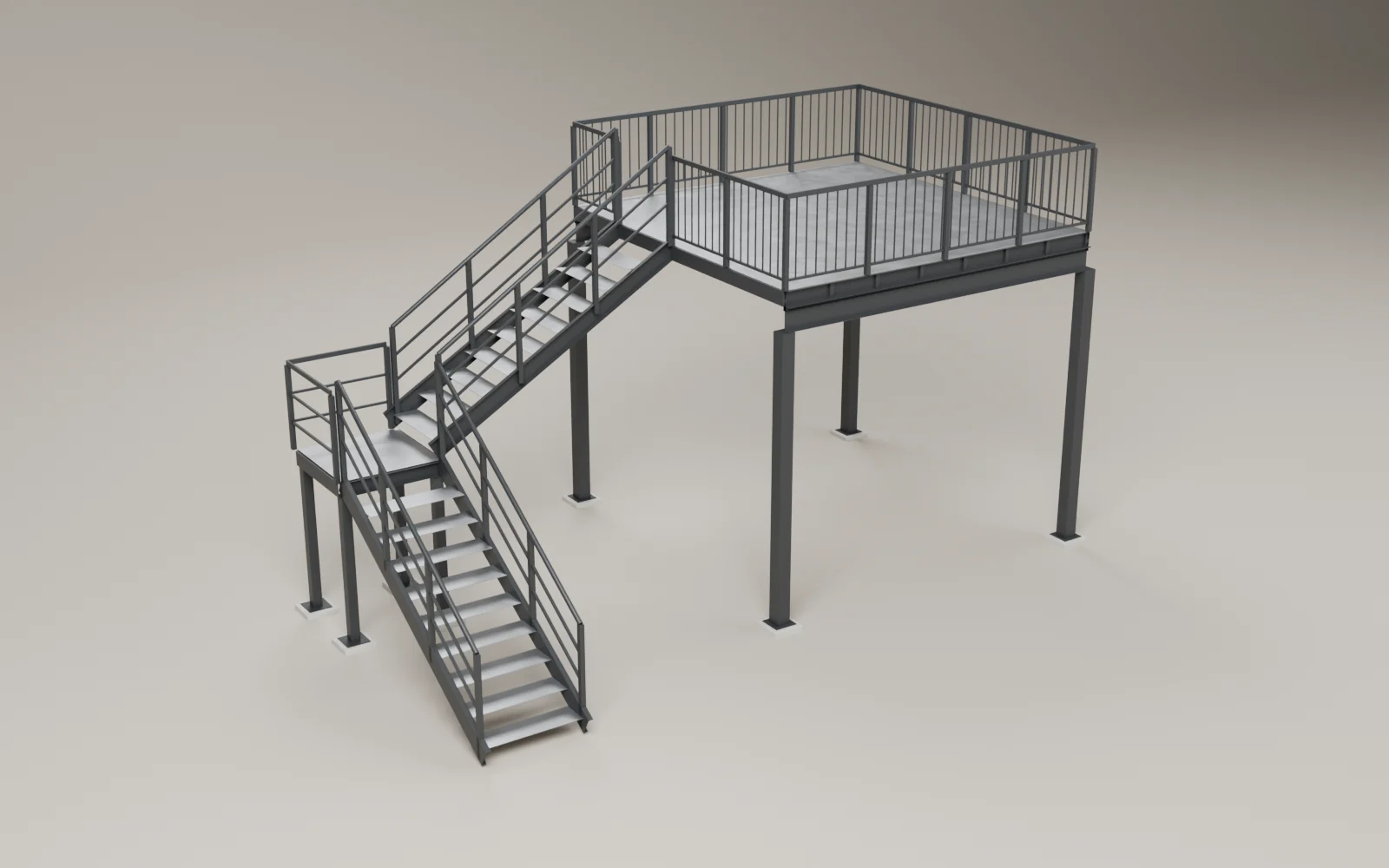 Render 3D fotorrealista de una escalera metálica en L con descanso que sube a un mezzanine